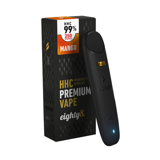 Vape de unică folosință cu conținut HHC cu aromă de mango, fără THC. 100% Legal.